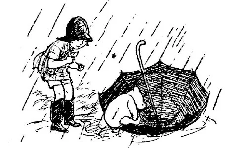 Trong bức tranh, Pooh đang cẩn thận trèo vào chiếc ô lật ngược, còn Christopher Robin, xỏ đôi ủng to sụ, đang dõi mắt nhìn theo với ánh mắt đầy vẻ tán thành.